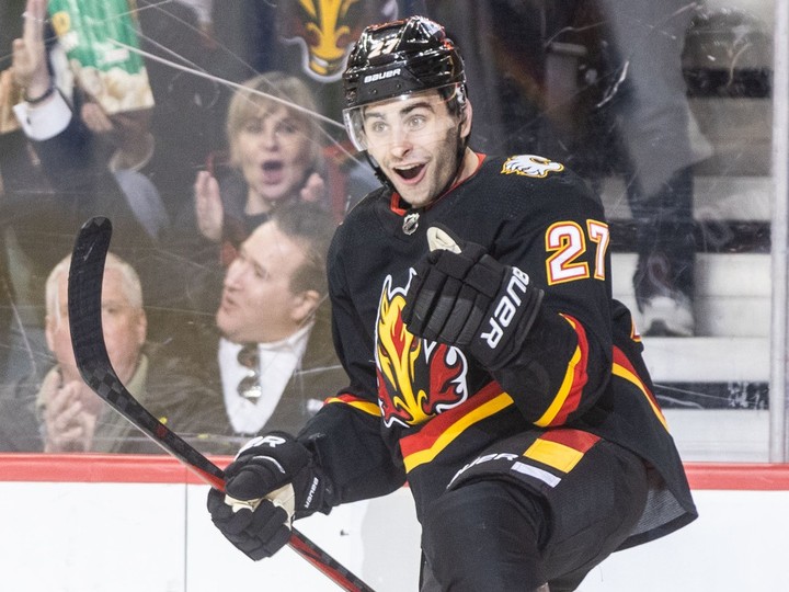  Calgary Flames right wing Matt Coronato celebrates scoring the third goal against the Golden Knights at the Saddledome in Calgary on Thursday, March 14, 2024.
