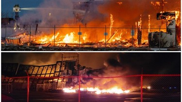Edmonton's Hanger 11 (above) went up in flames Monday, April 22, 2024 while its eastern Canada counterpart, Hangar 8 (below) in Happy Valley-Goose Bay, Labrador, was razed to the ground Friday, April 19, 2024.