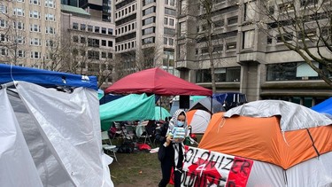 Students set up a protest encampment in solidarity with Palestinians at McGill University in Montreal on April 28, 2024.