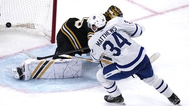 Maple Leafs' Auston Matthews beats Boston Bruins goaltender Linus Ullmark for a goal during the third period of Game 2 of their first-round playoff series, Monday, April 22, 2024, in Boston.