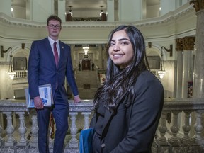 Alexandre Grant, a second-year medical student at the University of Alberta, left, and Vaneeza Moosa, a first-year medical student at the University of Calgary, were at the Alberta legislature meeting with the health minister and the UCP caucus to call on the province to improve support for future family physicians and primary care on Monday, April 8, 2024.