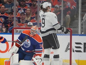 Los Angeles Kings Adrian Kempe (9) celebrates his goal on Edmonton Oilers goalie Stuart Skinner (74) during game 2 of the first round NHL Stanley Cup playoff action on Wednesday, April 24, 2024 in Edmonton. Greg Southam-Postmedia