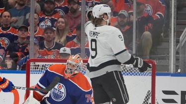 Los Angeles Kings Adrian Kempe (9) celebrates his goal on Edmonton Oilers goalie Stuart Skinner (74) during game 2 of the first round NHL Stanley Cup playoff action on Wednesday, April 24, 2024 in Edmonton. Greg Southam-Postmedia