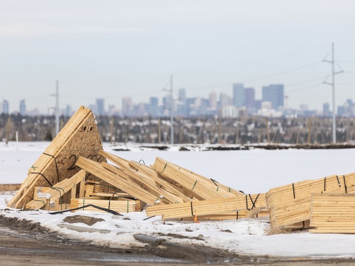  Roof trusses destined for new home builds await construction in the Alpine Park neighbourhood of Calgary on Wednesday, March 27, 2024.