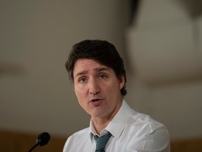 Trudeau speaks at a press conference in Surrey, B.C., Thursday, March 28, 2024.