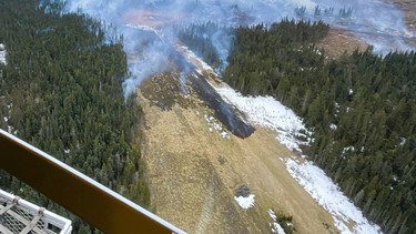 A wildfire burns near Edson, Alta. in this Tuesday, April 16, 2024, handout photo. A natural gas pipeline owned by TC Energy Corp. ruptured near Edson, Alta. on Tuesday afternoon, sparking a wildfire.
