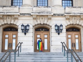 Youth from various high schools in Regina stage a rally outside the Saskatchewan Legislative Building surrounding a policy from the Saskatchewan Government surrounding pronouns on Tuesday, October 17, 2023 in Regina.
