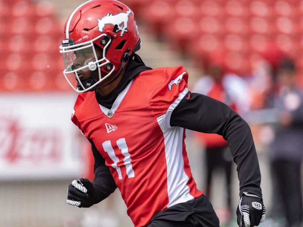 Stampeders Malik Henry takes part in team practice.