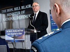 National Defence Minister Bill Blair speaks at the Canadian Global Affairs Institute conference on Norad modernization, in Ottawa, on May 1, 2024