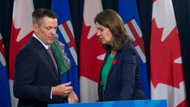 Premier Danielle Smith and Finance Minister Nate Horner announced reforms to auto insurance at the Alberta legislature on Nov. 1, 2023.