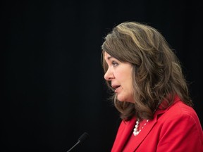 Alberta Premier Danielle Smith speaks during a press conference in Edmonton on Wednesday, May 15, 2024. Smith's United Conservative Party government is set to cap off the spring legislature sitting by passing bills that have been slammed by critics as an undemocratic power grab.