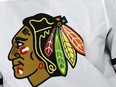 The Chicago Blackhawks logo adorns a jersey in Raleigh, N.C., May 3, 2021.