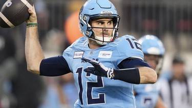 Toronto Argonauts quarterback Chad Kelly passes the ball against the Montreal Alouettes during first half CFL Eastern Conference final football action in Toronto on Saturday, Nov.11, 2023.