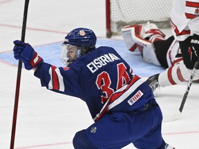 Cole Eiserman of USA celebrates his 2-1 goal during the 2024 IIHF ice hockey U18 world championships final match between the United States and Canada.