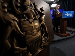 Finance Minister Nate Horner discusses Alberta's 2023-'24 fiscal year-end results during a news conference at the Alberta legislature in Edmonton on Thursday, June 27, 2024.