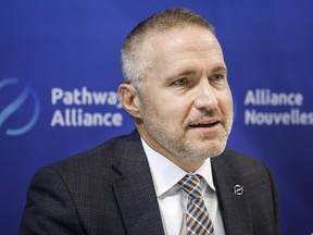 Pathways Alliance CEO Kendall Dilling is interviewed at the World Petroleum Congress in Calgary, Monday, Sept. 18, 2023.THE CANADIAN PRESS/Jeff McIntosh