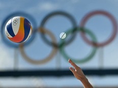 Beach volleyball match during the Paris 2024 Olympic Games at the Eiffel Tower Stadium in Paris.