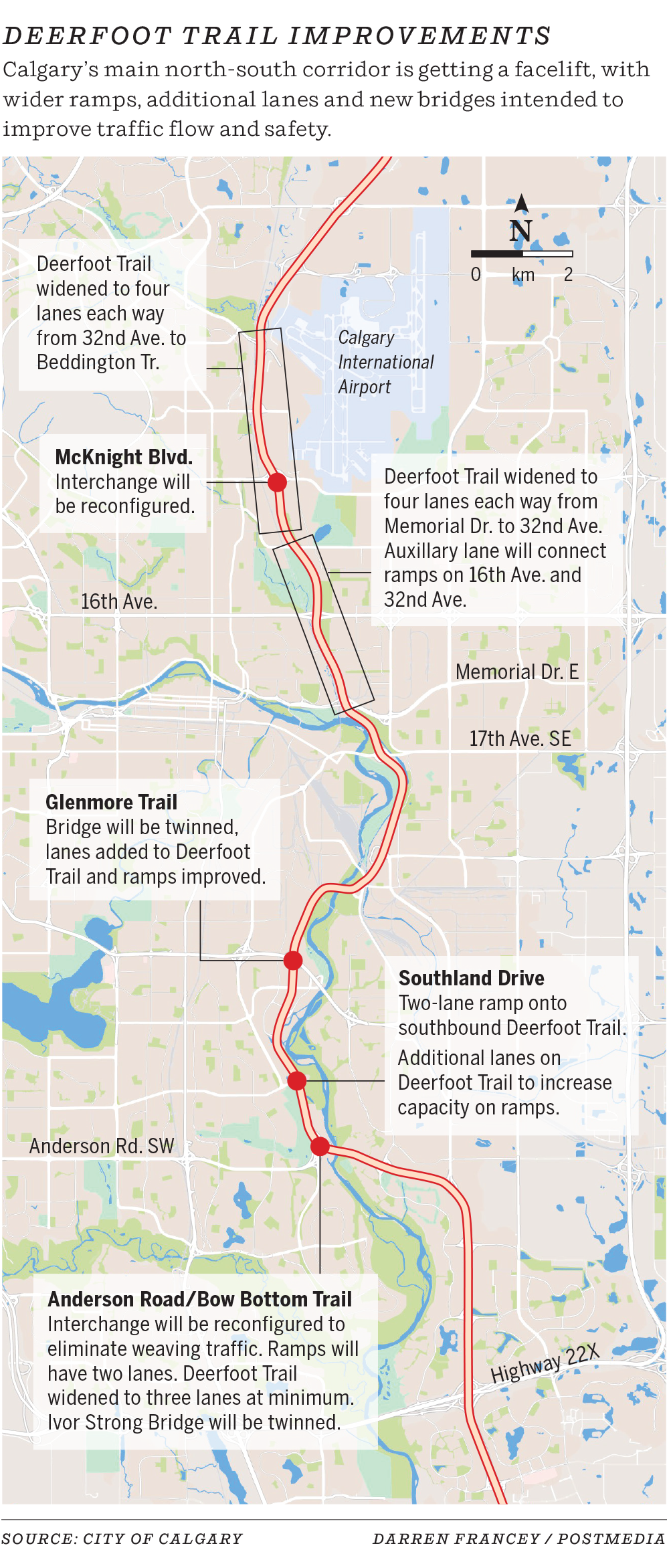 Map showing Deerfoot Trail upgrades