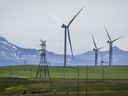 An analysis suggests that a year after Alberta imposed a seven-month moratorium on renewable power approvals, there have been dozens of cancelled projects and legal uncertainty. Power transmission lines and wind turbines as seen with the Rocky Mountains in the background near Pincher Creek, Alta., Thursday, June 6, 2024.