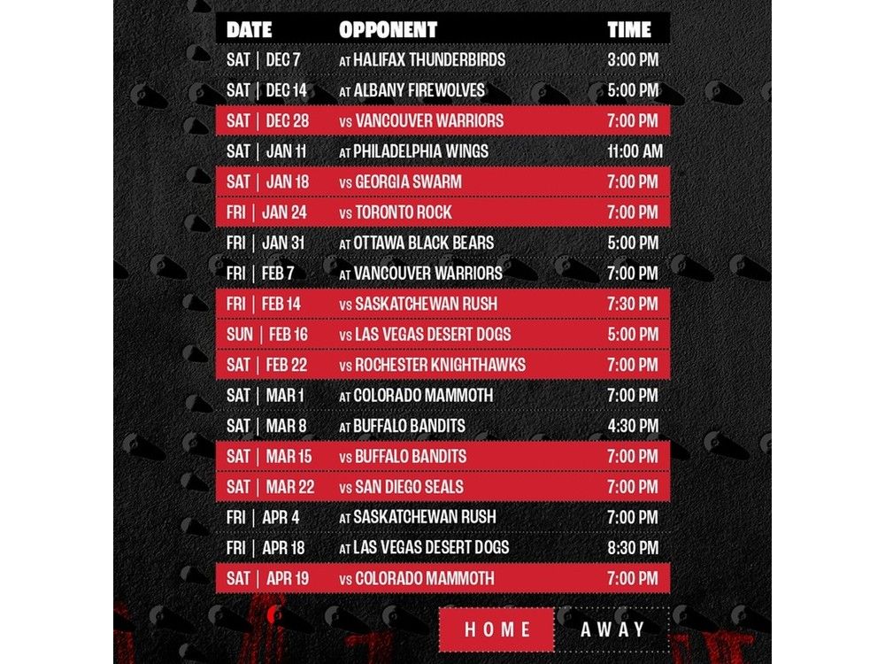 Calgary Roughnecks 2024-25 schedule