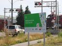 A sign for the Green Line still stands on the corner of 11th Street and 21st Avenue S.E. in Calgary on Sept. 17, 2024.