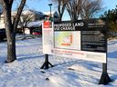 Proposed land use change signs at Glenmore Landing in Calgary on Tuesday, December 3, 2024.