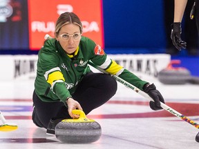 Team Northern Ontario skip Krista McCarville throws during Draw 13 against Team Alberta during the Scotties Tournament of Hearts at WinSport Arena in Calgary on Wednesday, Feb. 21, 2024.