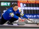 Alberta skip Kayla Skrlik delivers a shot against New Brunswick in Scotties Tournament of Hearts curling action in Thunder Bay, Ont. on Friday, February 14, 2025.