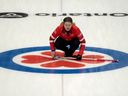 Newfoundland and Labrador skip Brooke Godsland watches a shot in Scotties Tournament of Hearts curling action against Mantoba's Kerri Einarson in Thunder Bay, Ont. on Saturday, February 15, 2025.
