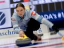 Quebec skip Laurie St-Georges delivers a rock during Scotties Tournament of Hearts action against Ontario in Thunder Bay, Ont., on Sunday, Feb. 16, 2025.