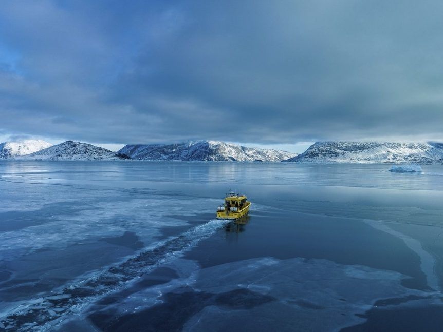 Boat ride despite the frozen sea entrance outside Nuk, Greenland, March 6, 2025.