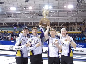 Team Mouat celebrate their win in the final of the Grand Slam of Curling Players Championship in Toronto, ON on Sunday