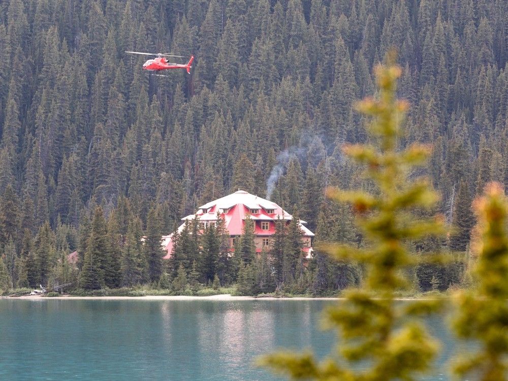  A helicopter was photographed landing near the site of a fatal rock slide at Bow Lake Falls off the Icefields Parkway near Banff on Thursday, June 19, 2025. Brent Calver/Postmedia