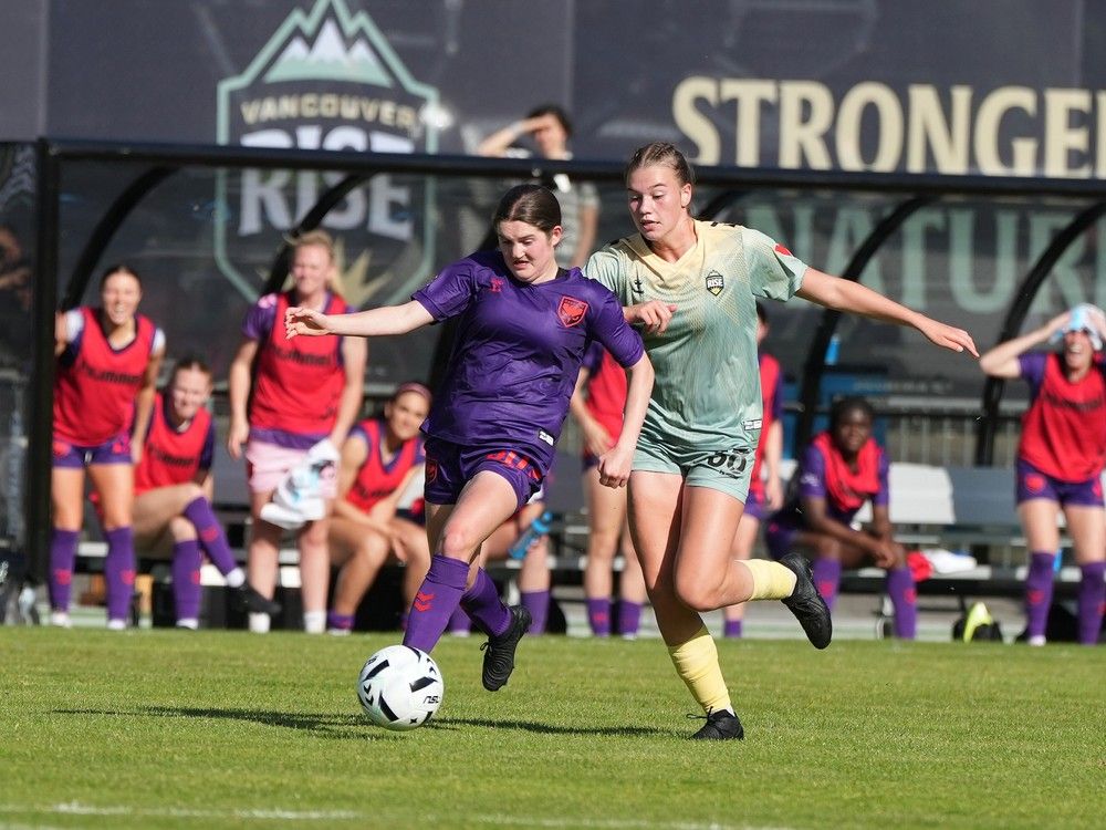  calgary wild fc attacker taegan stewart battles with a vancouver rush fc defender for the ball during a 1-1 draw at swangard stadium in burnaby, b.c.