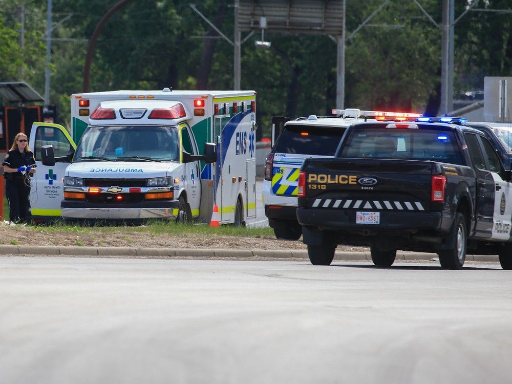 The scene on Memorial Drive where Levon Wildman and Wesley Davidson were shot and killed by Calgary police on May 29, 2023. The scene on Memorial Drive where Levon Wildman and Wesley Davidson were shot and killed by Calgary police on May 29, 2023.