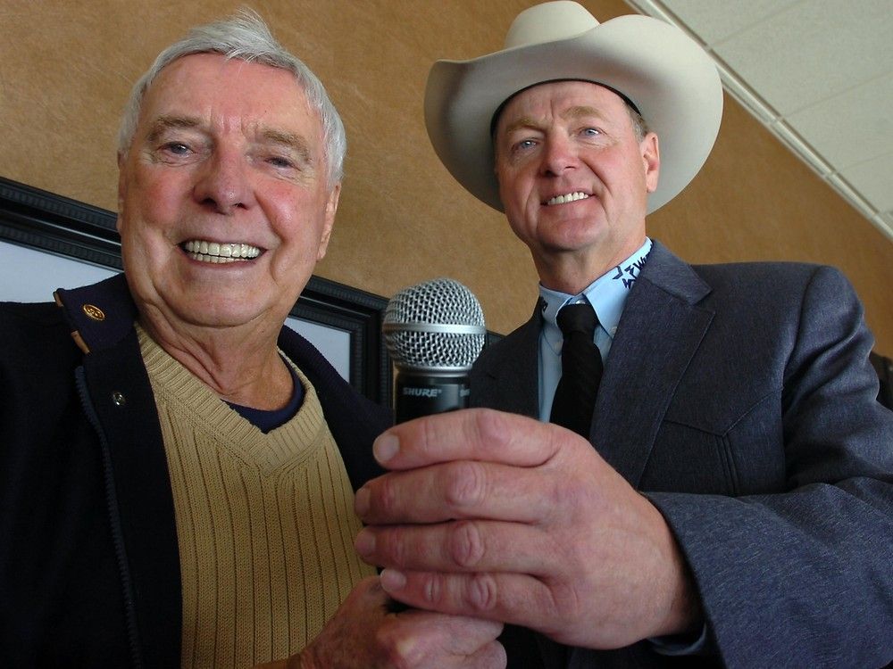After 45 years of calling the Rangeland Derby, legendary announcer Joe Carbury, left, hands the mic over to the incoming announcer Les McIntyre at Stampede Park in 2009. After 45 years of calling the Rangeland Derby, legendary announcer Joe Carbury, left, hands the mic over to the incoming announcer Les McIntyre at Stampede Park in 2009.