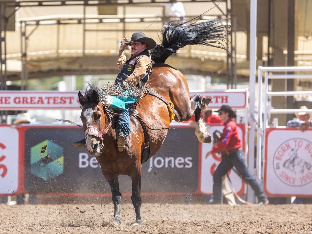 Sam Petersen earned a score of 89 points from the judges to claim first place in bareback action at the Calgary Stampede