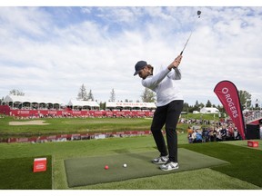 Edmonton Oilers goalie Stuart Skinner hits his shot at the Rogers Legends of Hockey Showdown during the Rogers Charity Classic