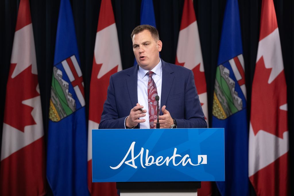 Government house leader Joseph Schow outlines the government’s priorities ahead of the start of the 2025 fall session of the Alberta legislature in Edmonton on Monday, Oct. 20, 2025.