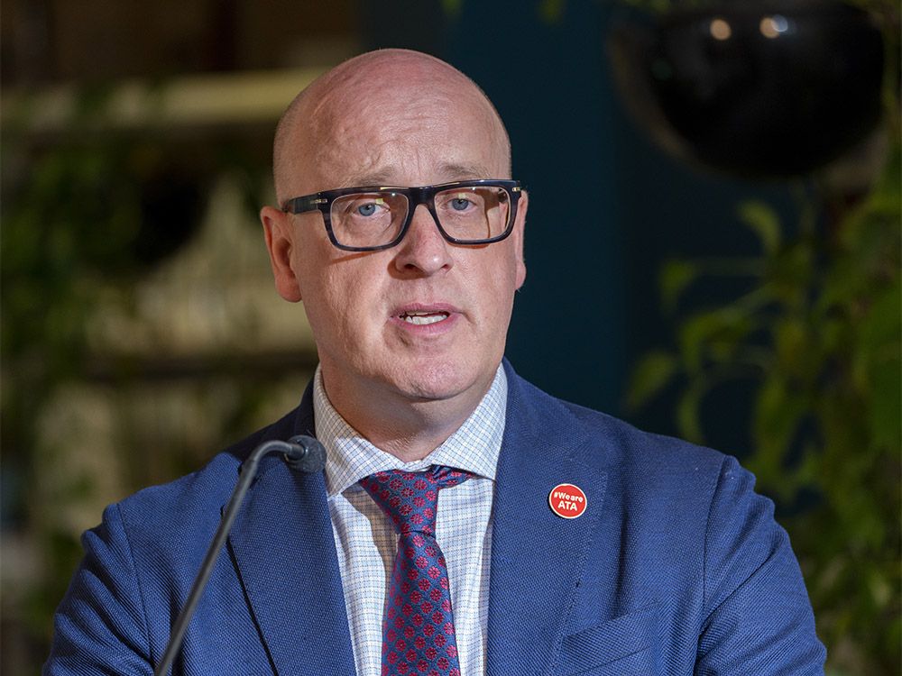  Jason Schilling, the head of the Alberta Teachers’ Association, holds a media availability on Oct. 6, 2025.