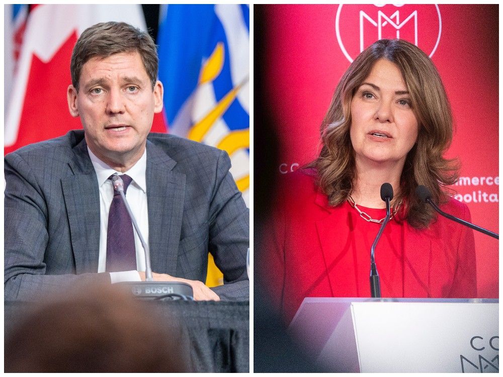 B.C. Premier David Eby, left, and Alberta Premier Danielle Smith.