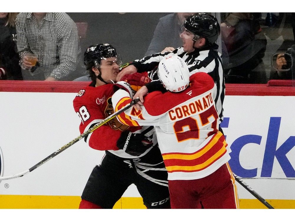 Connor Bedard notched a hat-trick for the Blackhawks, while centre call-up Sam Morton was a bright spot for the Flames in a 5-2 loss.