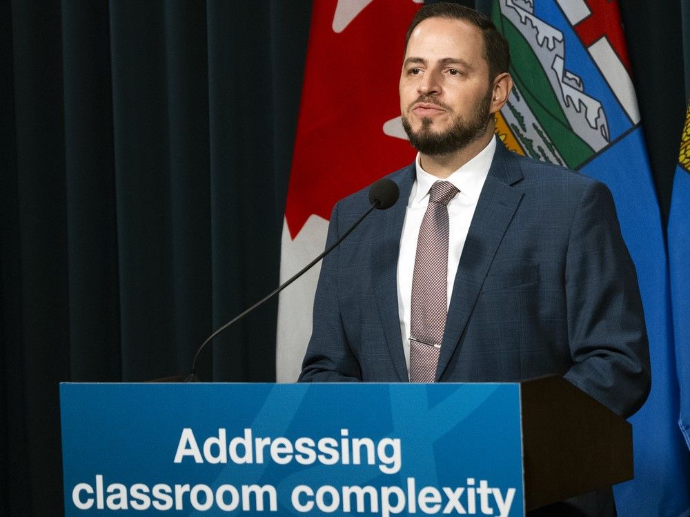  Alberta Education Minister Demetrios Nicolaides speaks at a press conference where he announced findings from the Aggression and Complexity in Schools Action Team final report. Friday, November 21, 2025.