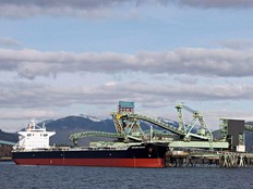 A bulk carrier ship loads coal at the former Ridley Terminals, now renamed Trigon Pacific Terminals, at Prince Rupert, B.C.