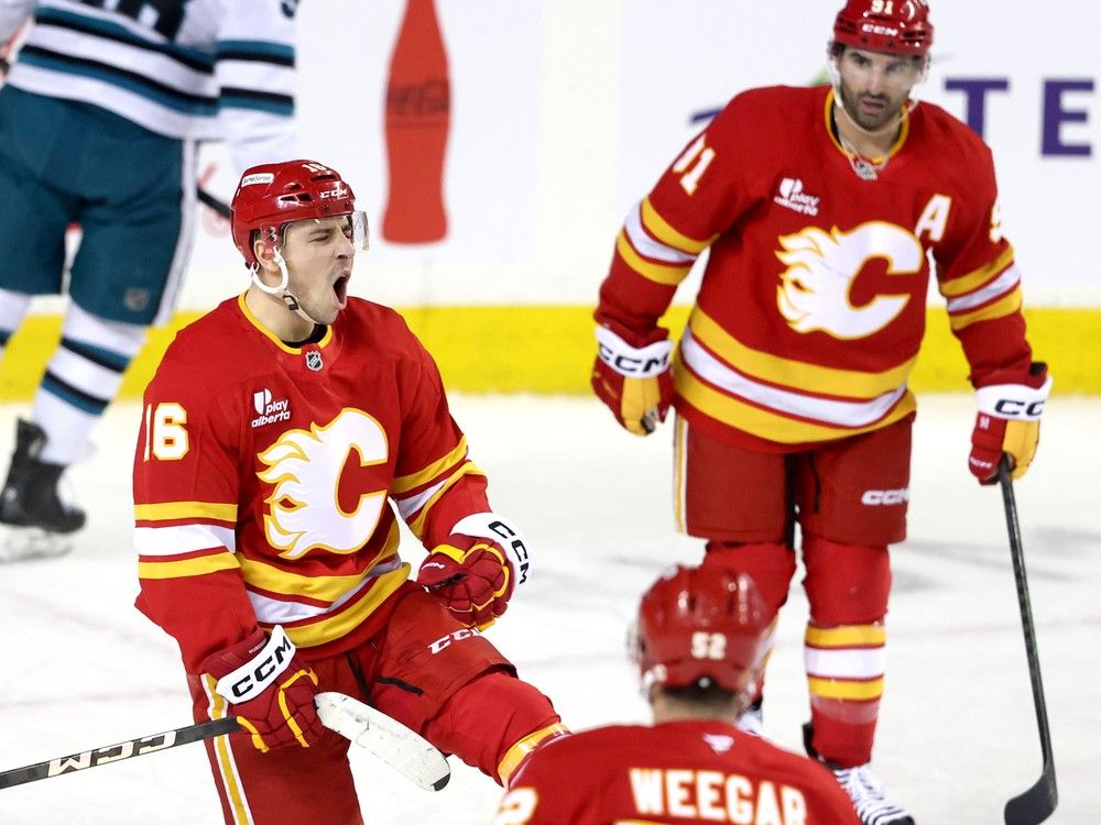 Flames centre Morgan Frost scored once, added an assist and won 83.3 percent of his faceoffs Saturday against the Sharks.