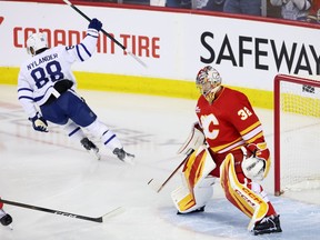 Toronto Maple Leafs forward William Nylander celebrates his break away from goal on Calgary Flames goalie Dustin Wolf