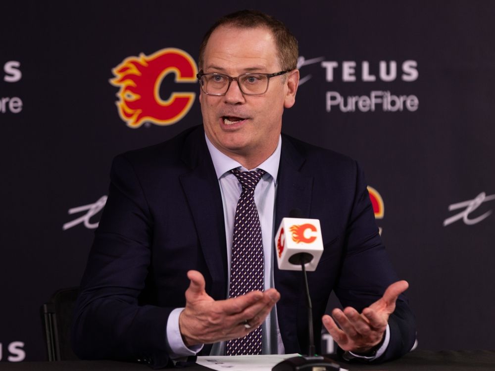 Calgary Flames GM Craig Conroy speaks to reporters at the Saddledome on Friday, March 6, 2026.