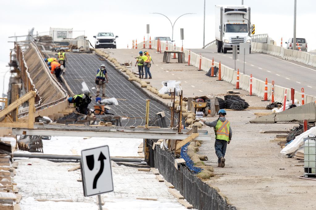 Construction crews continue work on the 50th Street grade separation in Edmonton on July 8, 2026.