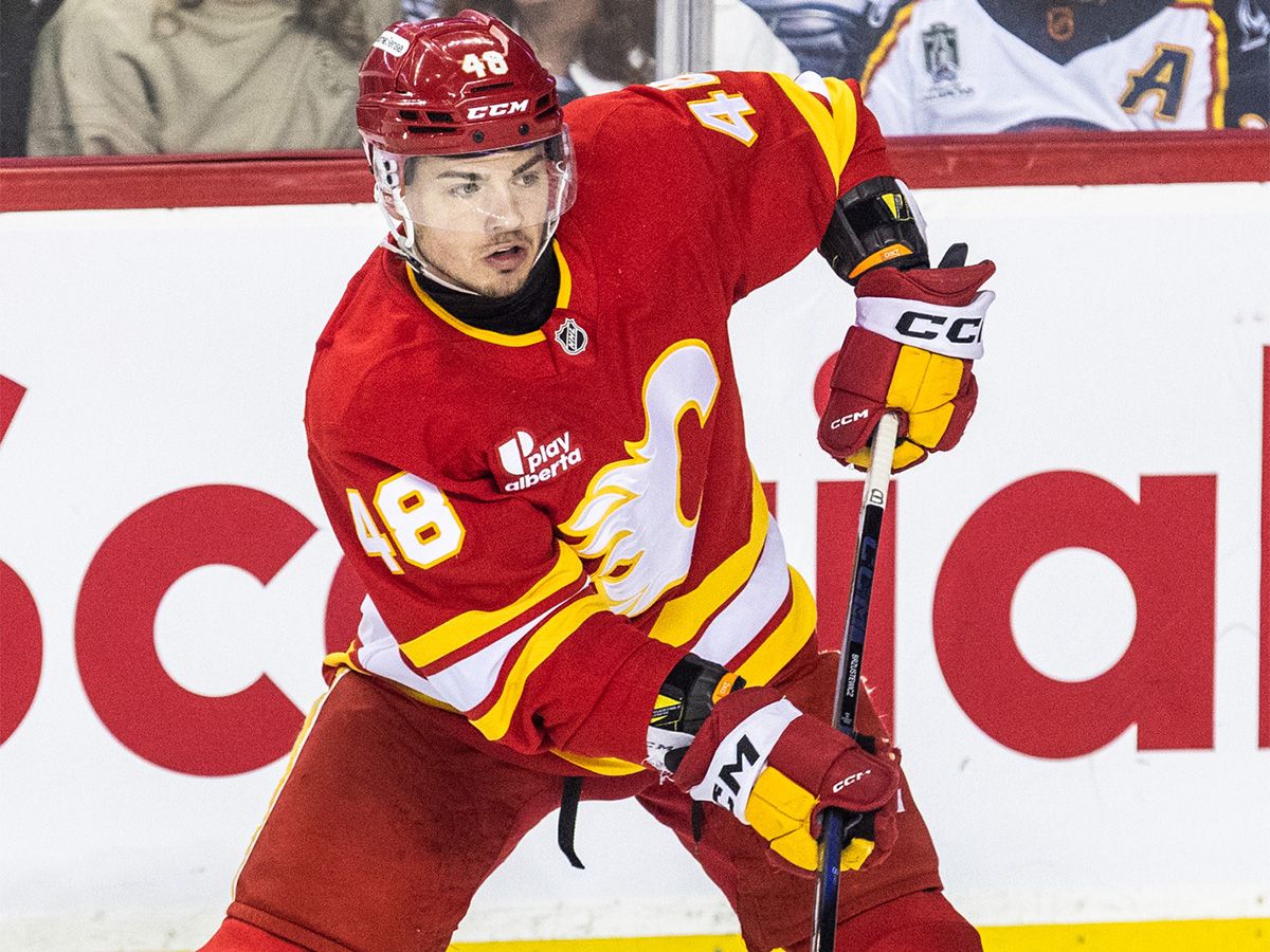 At first glance, Hunter Brzustewicz seems like he’s on the outside looking in at the Calgary Flames’ NHL roster, but he's still in the mix.