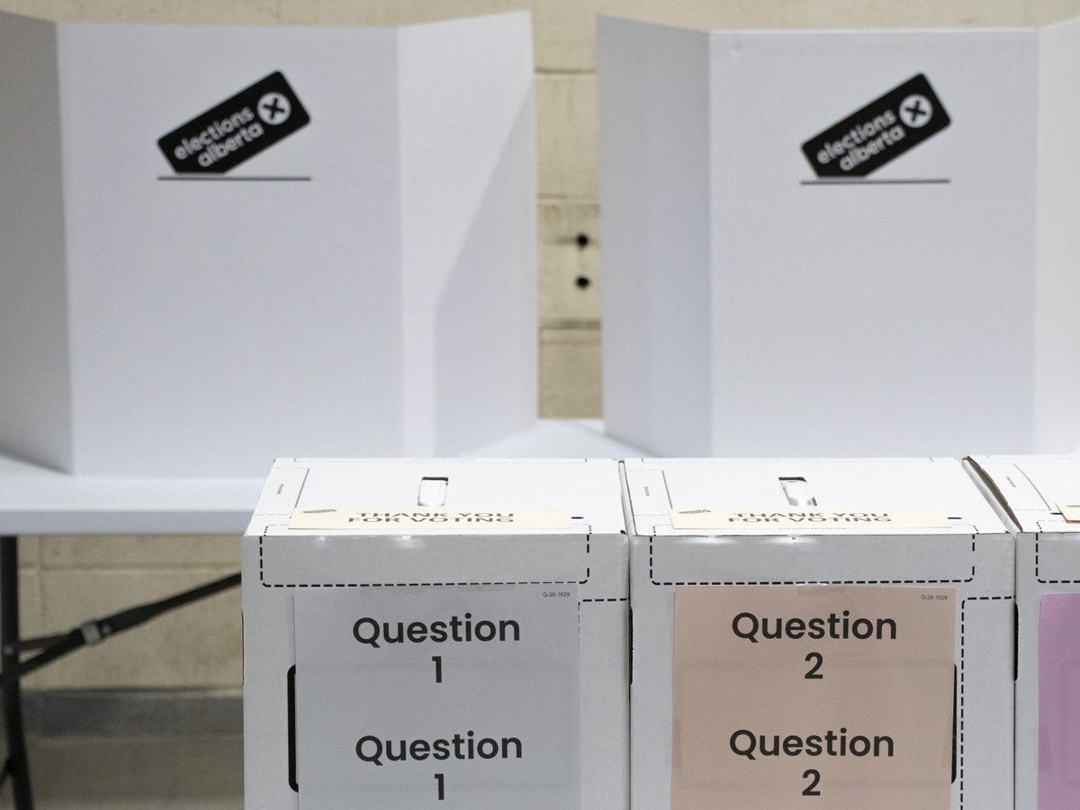 Elections Alberta simulated voting station seen on September 3, 2026.